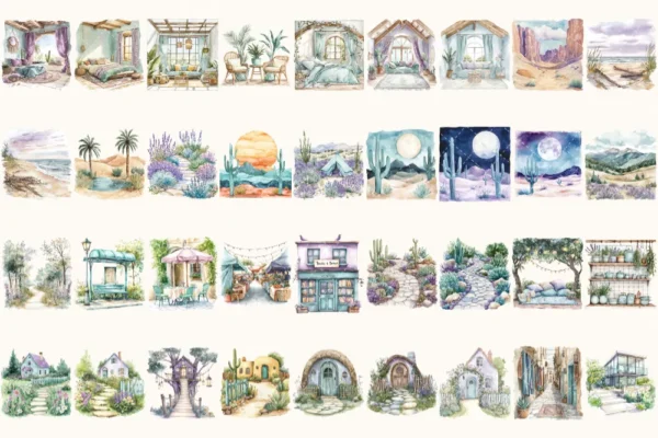 Bohemian Endeavors Watercolor Clipart Set - 255+ transparent PNG, Desert boho graphics, Southwestern png, Commercial use, Digital download