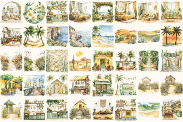 Boho Summer Watercolor Clipart Set - 250+ transparent PNG, Sunkissed boho graphics, Seaside fashion images, Commercial use, Digital download