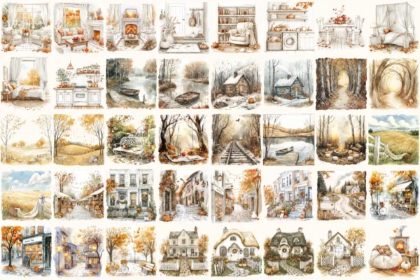 Lovely Autumn Watercolor Clipart Set - 250+ transparent PNG, Pumpkin season graphics, Girl with book images, Commercial use,Digital download