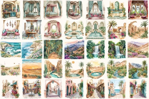 Moroccan Escape Watercolor Clipart Set - 235+ transparent PNG, Summer travels graphics, Moroccan decor art, Commercial use, Digital download