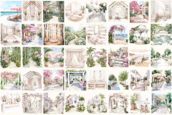 Orchid Resort Watercolor Clipart Set - 245+ transparent PNG, Spa resort illustrations, Summer travel art, Commercial use, Digital download