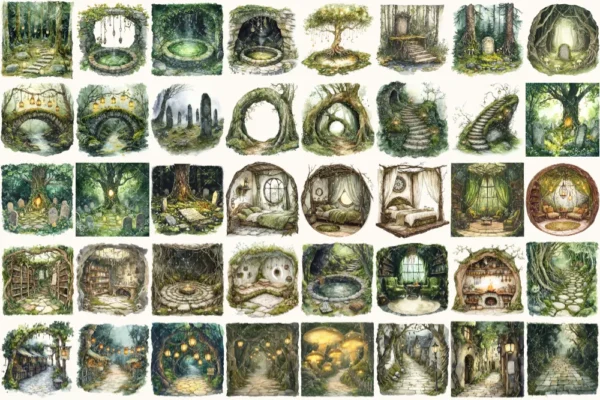 Gravemoss Witch Watercolor Clipart Set - 265+ transparent PNG, Mystic forest graphics, Witchy fantasy art, Commercial use, Digital download