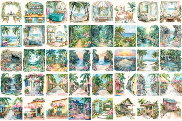 Tropical Island Rhythms Watercolor Clipart Set - 268+ transparent PNG, Seaside graphics, Tropical summer, Commercial use, Digital download