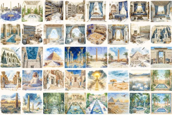 Amentas Whisper Watercolor Clipart Set - 275+ transparent PNG, Ancient egypt illustrations, Pharaohs art, Commercial use, Digital download