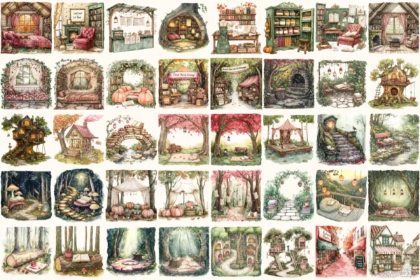 Forest Bibliotheca Watercolor Clipart Set - 270+ transparent PNG, Autumn library graphics, Cozy reading png, Commercial use,Digital download