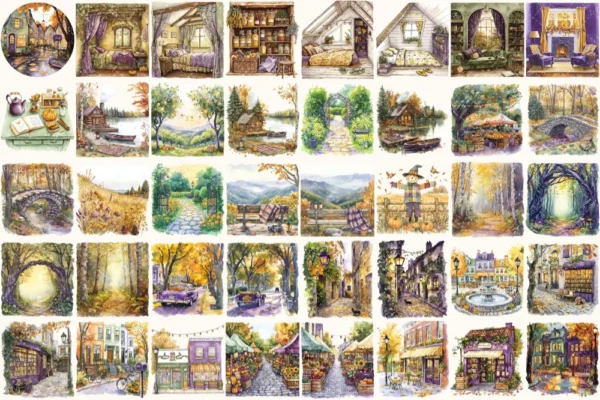 Autumn Notions Watercolor Clipart Set - 265+ transparent PNG, Artistic autumn graphics, Falling leaves art, Commercial use, Digital download