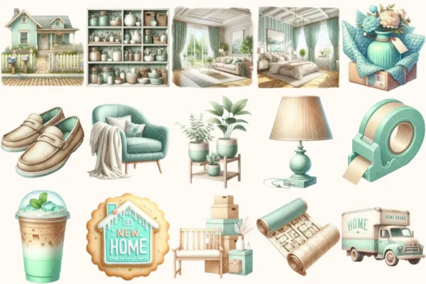 Moving Clipart Set - 110+ transparent PNG, New home illustrations, Interior decor graphics, Moving day art, Commercial use, Digital download
