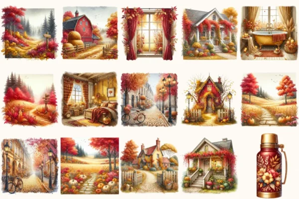 Autumn Enchantment Clipart Set - 120+ transparent PNG, Cozy autumn illustrations, Cottagecore fall images, Commercial use, Digital download