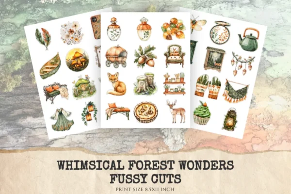Whimsical Forest Wonders Fussy Cuts - Woodland, Forest, Animal, Collage sheets, Digital Sticker, Ephemera, Junk Journal Kit,Digital download