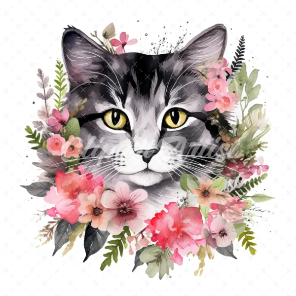 20 High-Quality Black and White Floral Cats Clipart - Cats digital watercolor JPG instant download for commercial use - Digital download