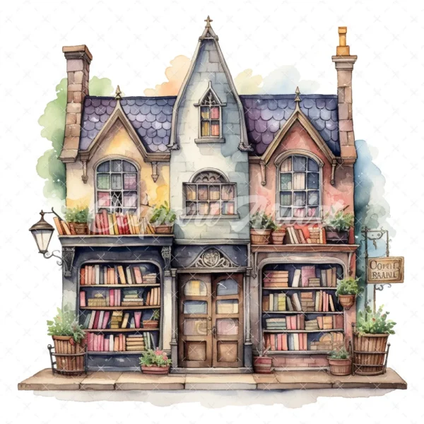 20 High-Quality Gothic Bookshop Clipart - Gothic bookshop digital watercolor JPG instant download for commercial use - Digital download