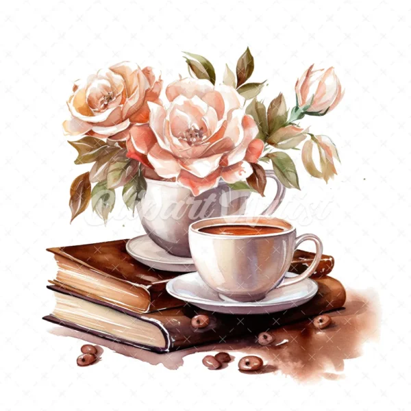 20 High-Quality Floral Coffee Books Clipart - Coffee books digital watercolor JPG instant download for commercial use - Digital download