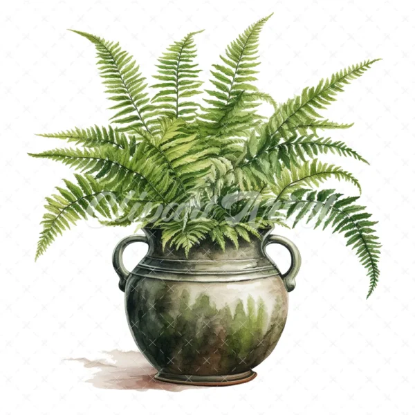 20 High-Quality Fern Antique Pot Clipart - digital watercolor JPG instant download for commercial use - Digital download