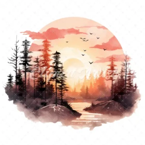 19 High-Quality Forest Sunset Clipart - Forest sunset digital watercolor JPG instant download for commercial use - Digital download