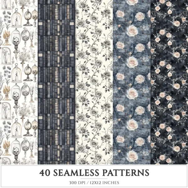 Gothic Diary Seamless Patterns, Gothic halloween JPEG, Skull sigils pattern, Rose, Floral, Haunted repeating pattern,Digital scrapbook paper