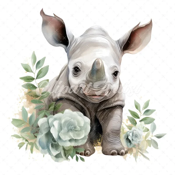 20 High-Quality Baby Rhino Clipart - Baby rhino digital watercolor JPG instant download for commercial use - Digital download