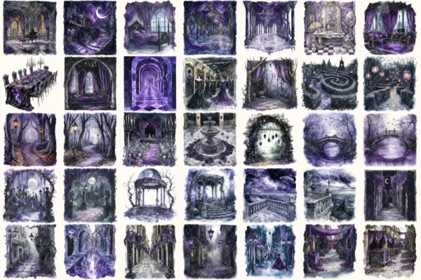 Haunted Masquerade Watercolor Clipart Set - 230+ transparent PNG, Spooky halloween graphics, Gothic images, Commercial use, Digital download