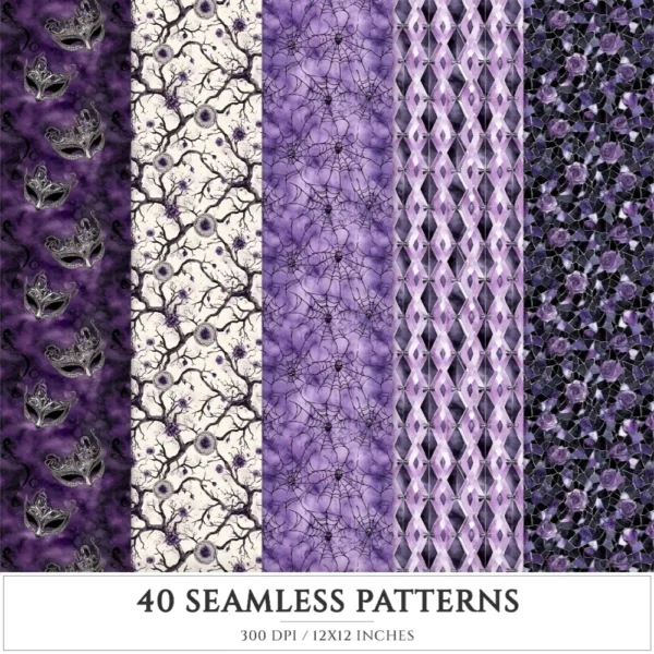 Haunted Masquerade Seamless Patterns, Spooky halloween JPEG, Gothic rose pattern, Raven, Skulls repeating pattern, Digital scrapbook paper