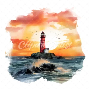 20 High-Quality Sunset Lighthouse Clipart - Sunset lighthouse digital watercolor JPG instant download for commercial use - Digital download