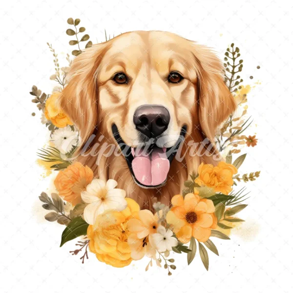20 High-Quality Floral Golden Retriever Clipart - Retriever digital watercolor JPG instant download for commercial use - Digital download