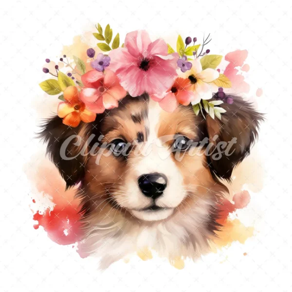 20 High-Quality Floral Portrait Puppy Clipart - Floral Puppy digital watercolor JPG instant download for commercial use - Digital download