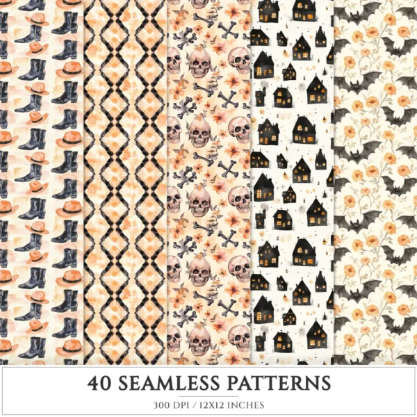 Cozy Halloween Seamless Patterns, Spooky halloween JPEG, Skulls pattern, Witch Hat, Ghosts, Bats repeating pattern, Digital scrapbook paper