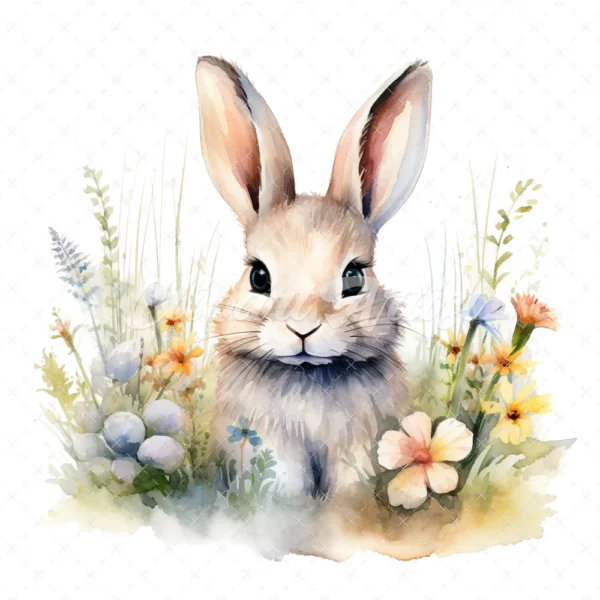 20 High-Quality Bunny in a Meadow Clipart - Bunny meadow digital watercolor JPG instant download for commercial use - Digital download
