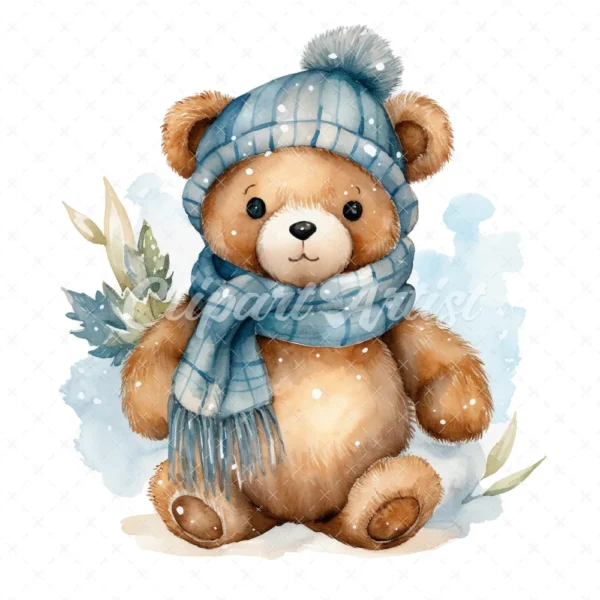 20 High-Quality Winter Teddy Bear Clipart - Winter teddy bear digital watercolor JPG instant download for commercial use - Digital download