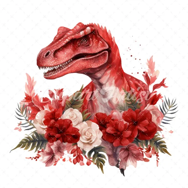 20 High-Quality Red Floral Dinosaur Clipart - Red dinosaur digital watercolor JPG instant download for commercial use - Digital download
