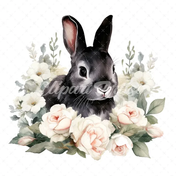 20 High-Quality Black Bunny With White Roses Clipart - Bunny digital watercolor JPG instant download for commercial use - Digital download