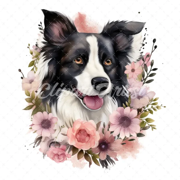 20 High-Quality Floral Border Collie Clipart - Border collie digital watercolor JPG instant download for commercial use - Digital download