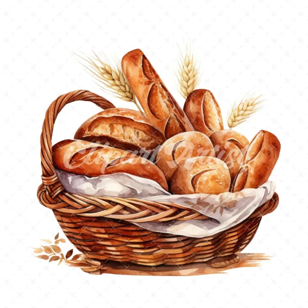 20 High-Quality Bread Basket Clipart - Bread basket digital watercolor JPG instant download for commercial use - Digital download