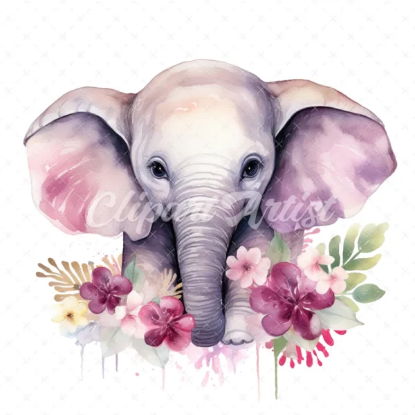 20 High-Quality Floral Cute Elephants Clipart - Cute elephants digital watercolor JPG instant download for commercial use - Digital download