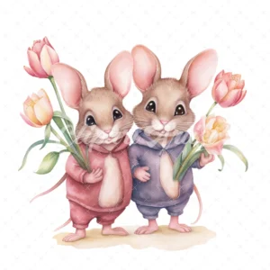 20 High-Quality Mice Holding Tulip Clipart - Mice tulip digital watercolor JPG instant download for commercial use - Digital download
