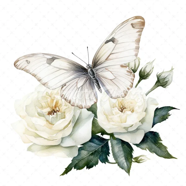 19 High-Quality White Butterfly Rose Clipart -White Butterfly digital watercolor JPG instant download for commercial use - Digital download