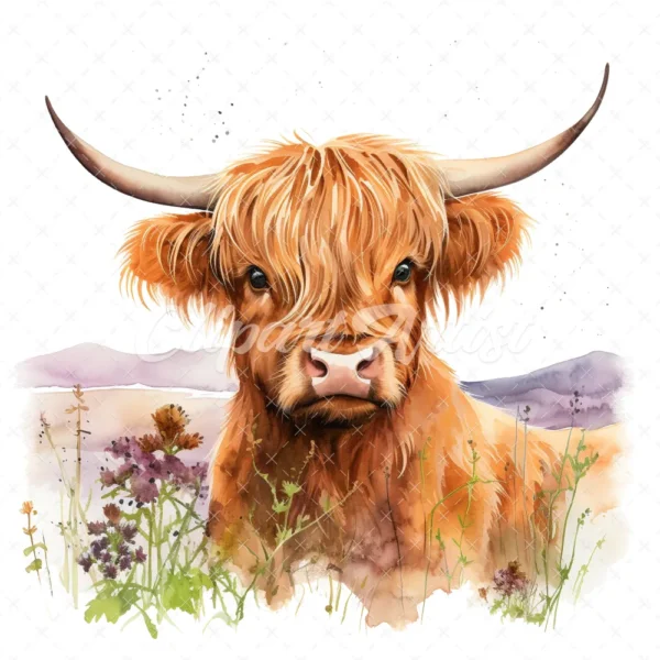 19 High-Quality Highland Cow in Grass Clipart - Highland cow digital watercolor JPG instant download for commercial use - Digital download