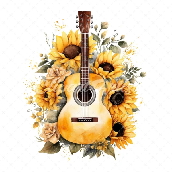 20 High-Quality Sunflowers Guitars Clipart - Sunflowers guitar digital watercolor JPG instant download for commercial use - Digital download