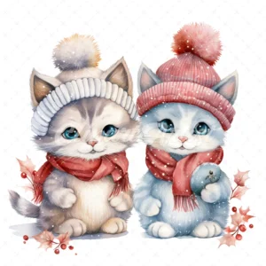20 High-Quality Winter Kitten Friends Clipart - Winter kitten digital watercolor JPG instant download for commercial use - Digital download
