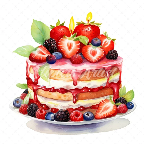 20 High-Quality Birthday Fruit Cake Clipart - Fruit cake digital watercolor JPG instant download for commercial use - Digital download