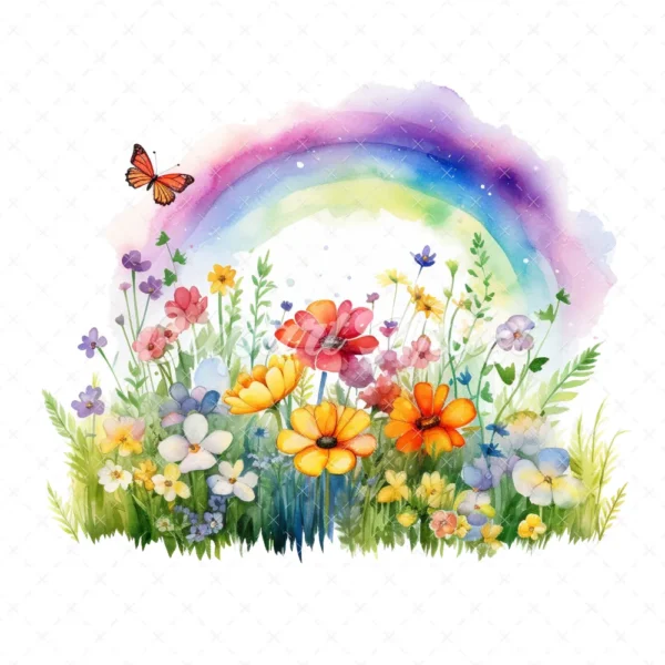 22 High-Quality Rainbow Meadow Clipart - Rainbow meadow digital watercolor JPG instant download for commercial use - Digital download