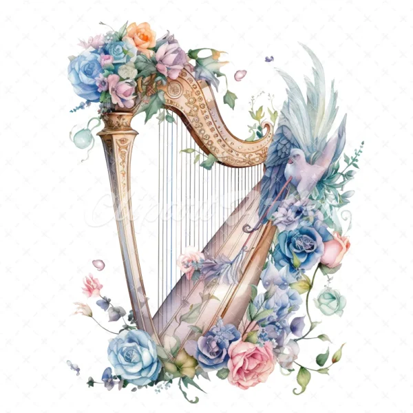 20 High-Quality Magical Floral Harp Bird Clipart - Floral harp digital watercolor JPG instant download for commercial use - Digital download
