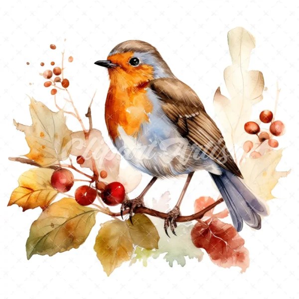 20 High-Quality Robin on Dry Leaf Clipart - Birds digital watercolor JPG instant download for commercial use - Digital download