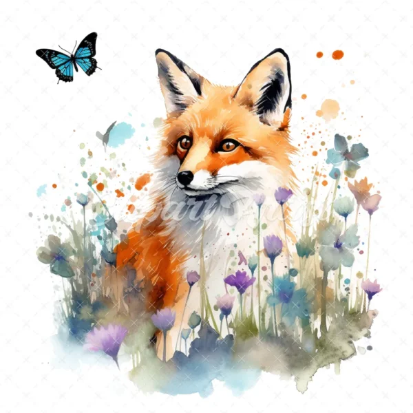 19 High-Quality Fox and Butterfly Clipart - Fox and butterfly digital watercolor JPG instant download for commercial use - Digital download