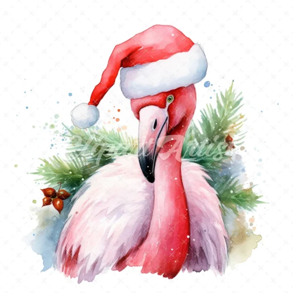 20 High-Quality Flamingo Santa Hat Clipart - Flamingo hat digital watercolor JPG instant download for commercial use - Digital download