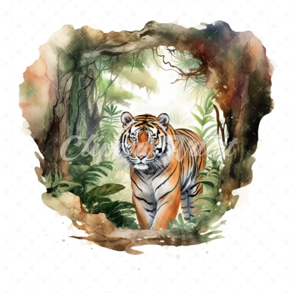 20 High-Quality Forest Cave Tiger Clipart - Cave tiger digital watercolor JPG instant download for commercial use - Digital download