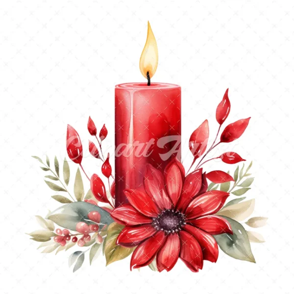 20 High-Quality Red Floral Candles Clipart - Red candle flower digital watercolor JPG instant download for commercial use - Digital download