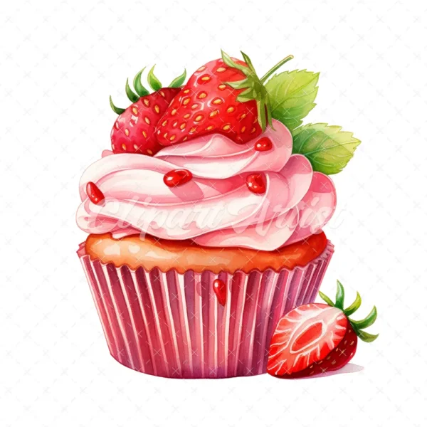 20 High-Quality Strawberry Cupcake Clipart - Cupcake digital watercolor JPG instant download for commercial use - Digital download