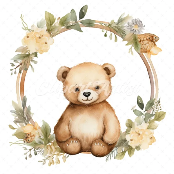 20 High-Quality Bear In Round Frame Rack Clipart - Bear frame digital watercolor JPG instant download for commercial use - Digital download