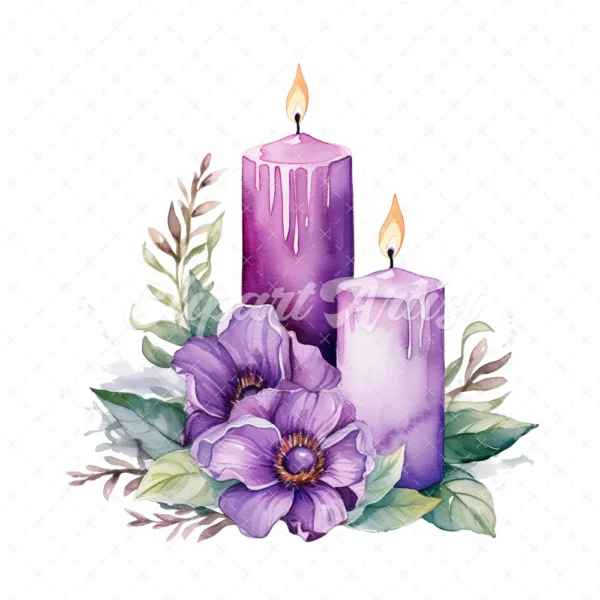 19 High-Quality Purple Floral Candle Clipart - Purple candle digital watercolor JPG instant download for commercial use - Digital download