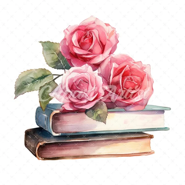 20 High-Quality Rose Books Clipart - Rose books digital watercolor JPG instant download for commercial use - Digital download